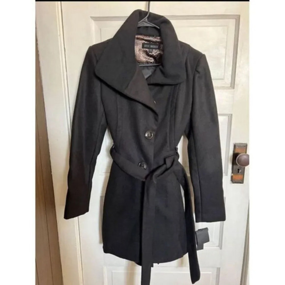 Steve Madden Black Belted Peacoat‎ Trench Coat Winter Jacket Size M - Picture 1 of 3